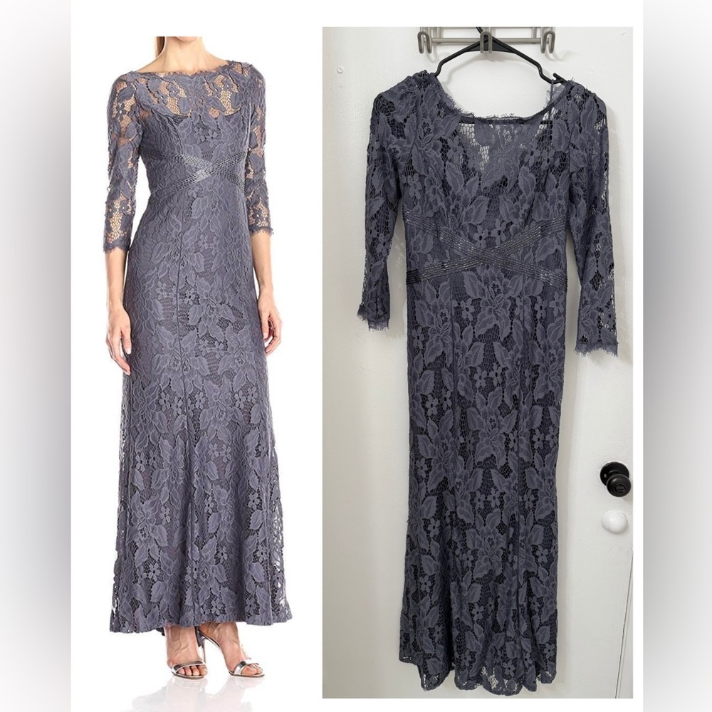 Adrianna Papell Gunmetal Floral Formal Lace Maxi Dress Women’s Size 0